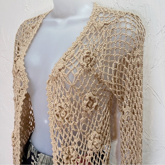 Vintage 2000s Floral Crochet Cardigan Womens S M Boho Y2k Lightweight Sweater - Picture 9 of 9